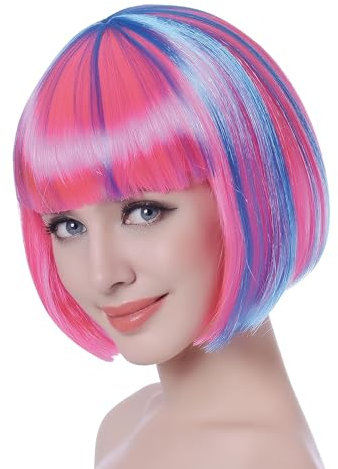 TrendandStylez Bob Perücke Pebbles, neon pink, Regenbogen, für Damen und Herren, buntes Kostüm Accessoire, für Party, Karneval, CSD