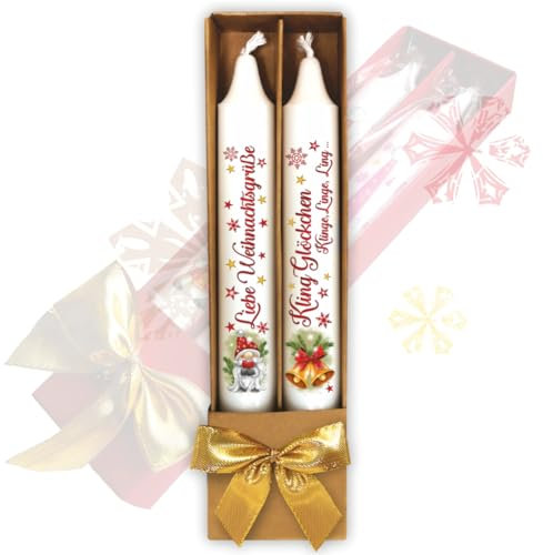 2er Set Weihnachtskerzen – Liebe Weihnachtsgrüße - in Geschenkverpackung mit Schleife | Sprüche auf Spitzkerzen Stabkerzen Kerzen mit Tattoofolie im Geschenkset