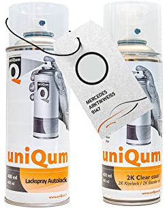 UniQum Autolack + Klarlack 2K Spraydose fürs Auto für MERCEDES ARKTIKWEISS 9147 Autolack Reparatur 2 x 400 ml
