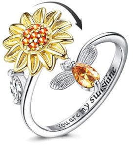 Sonnenblume Fidget Ring Für Frauen, Offene Verstellbar Anxiety Ring Gänseblümchen Blume Mondstein Fancy Spinner Ringe, Graviert 'You Are My Sunshine' Im Inneren Des,Schmuck Geschenke für Damen Mädchen