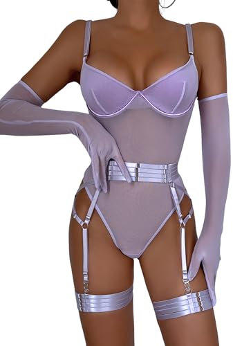 EVELIFE - Lingerie sexy da donna con pizzo Teddy con reggicalze, Viola, 42