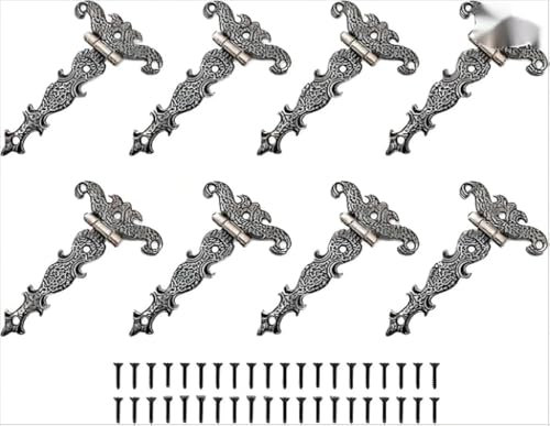 8Pcs Zinc Alloy Cabinet Hinges Decorative Retro Carved Hinges for Doors Cupboard Jewelry Case Box (T-Strap Style)