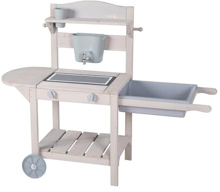 roba Cocina Móvil de Barro BBQ para Niños - Madera Certificada FSC - Cocina de Juego para Exteriores con Ruedas y Cubeta - Uso Multifuncional - Desde 18 Meses - Gris