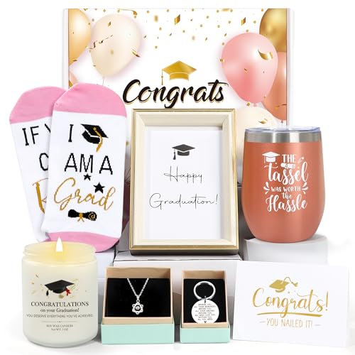 UAREHIBY Regalo di laurea per lei, regalo di laurea del liceo 2024, con bicchiere da vino da 350 ml, regalo di laurea magistrale, dottorato di ricerca per amici, sorella, figlia, ragazze, oro rosa