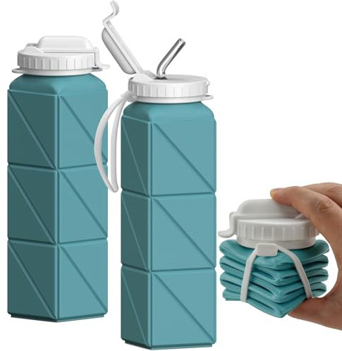 BEAUTAIL Collapsible Water Bottle with Straw, Silicone Foldable Portable Water Bottles 610ml Lightweight Reusable Leakproof for Travel Camping Hiking Cycling Yoga Sports, 1 Pack (Blue)