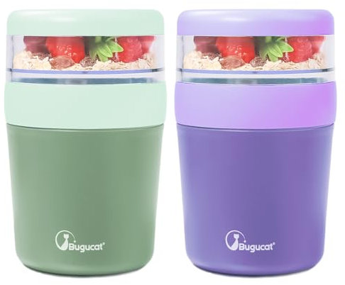 Bugucat -Tazza per muesli, yogurt to go, 150 ml + 500 ml, a prova di perdite, contenitore per il pranzo con cucchiaio, per frutta o insalata, da viaggio, adatta per porridge, 2 pezzi, lilla e verde