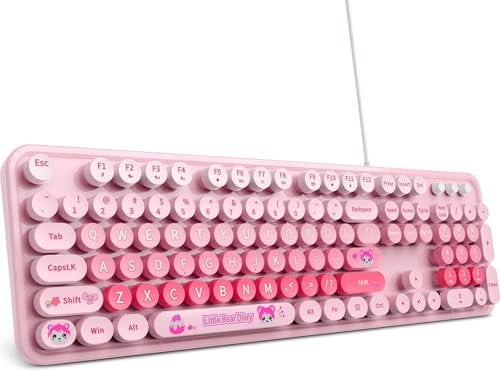 MOFII Wired Keyboard for Windows, Full-Size Typewriter-Style Cute Retro Computer Keyboard,USB Plug and Play, Strong Adjustable Tilt Legs (Pink Colorful)