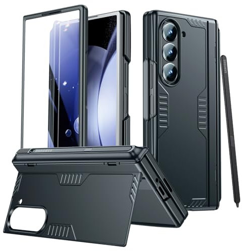 spoovcto Coque de téléphone portable Samsung Galaxy Z-Fold-6 : porte-stylo intégré, support caché, protection de charnière, prise en charge du chargement sans fil, pour Galaxy Z Fold 6 Case (noir)