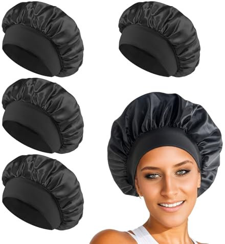 4 Stück Satin Bonnet,Haarhaube Für Die Nacht,Schlafhaube,Silk Bonnet,Bonnet Sleep Cap,Satin Haarhaube,Seidenhaube Zum Schlafen,Schlafmütze Seide Für Frauen Und Mädchen Schwarzes Haar Lockiges Haar