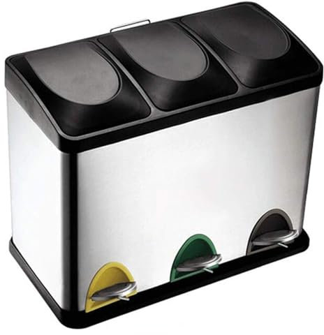 QTTYREV garbage can with Lid 45L Triple Dustbins Storage Bin w/3 Compartments Separate Recycling Wheelie Bin Kitchen Office