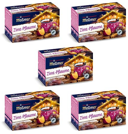 Meßmer Zimt Pflaume | 5x Vorteilspaket | 100 Teebeutel | Früchtetee | Vegan | Glutenfrei | Laktosefrei