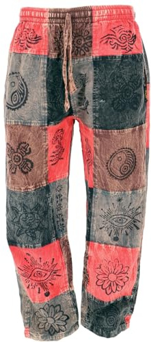 GURU SHOP Patchwork Stonewash Yogahose, Unisex Goa Baumwoll Hose - Rot, Herren, Baumwolle, Size:L