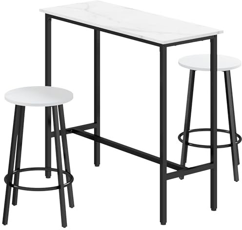 HOMCOM 3 Piece Bar Table Set, Modern Dining Table Set for 2 with Stools, Steel Frame, Footrest for Kitchen, Living Room, Small Space, White
