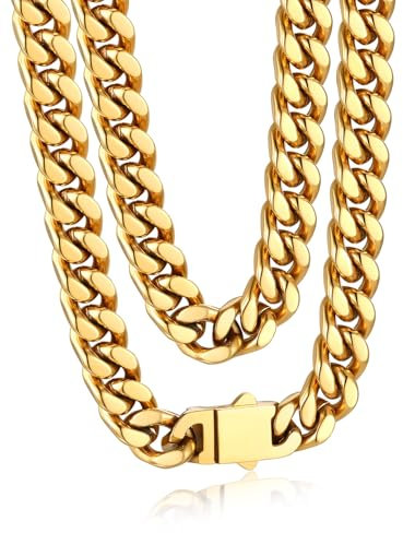 Bandmax Edelstahl Halskette Gold Panzerkette Herren 9MM breit Kette Junge Kubanische Halskette 45CM Kettenlänge Hip Hop Kette Accessoire Modeschmuck