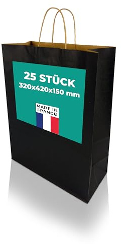 h-Green Papiertüten mit Henkel 320x420x150 mm (25 Stück), tragbare Papiertüten mit 7kg Tragfähigkeit, recycelbare Geschenktüten aus FSC® zertifiziertem Recycling-Kraftpapier, 100g/m², schwarz