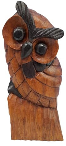 Brave Wings 5566 Dekofigur Eule, handgeschnitzt, aus Holz, 15 cm hoch, einzigartige Tischdekoration, Heimdekoration