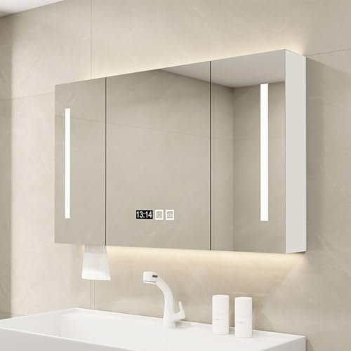 Generisch LED beleuchteter Spiegelschrank mit Stauraum und Uhr, moderner Badezimmer-Hängeschrank (60 cm)