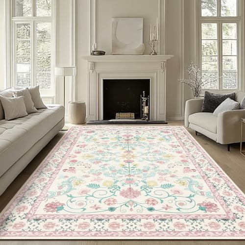 BSGIFT Boho Blume Teppich 140x200 Waschbarer Wohnzimmer Schlafzimmer Kurzflor Teppich rutschfest für Esszimmer Schlafzimmer Küche Weicher Carpet, Rosa