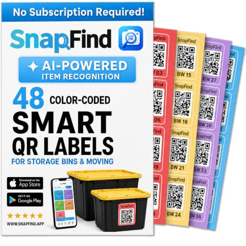 SnapFind Smart QR Code Labels – AI Auto-Labeling, No Typing! Storage Bins & Moving Containers – iOS and Android App – 48 Color-Coded Stickers (2.5 x 2.5)