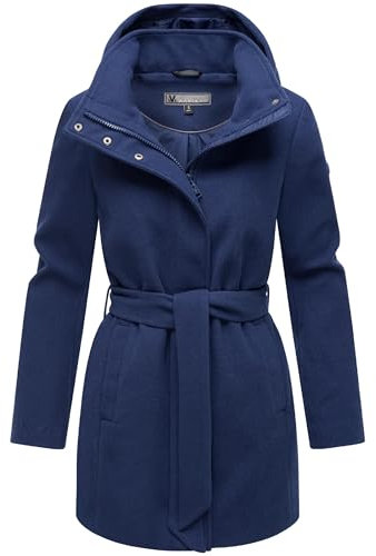 MARIKOO Damen Langer Trenchcoat warme Übergangsjacke in Woll-Optik mit Abnehmbarer Kapuze Katalinaa 16 Navy Gr. L