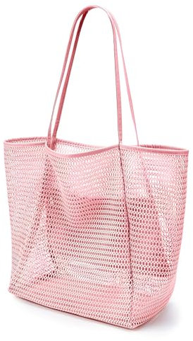 JYJLLM Large Capacity Mesh Beach Bag for Women - Breathable Openwork Tote with Zip Pocket, Waterproof Foldable Design for UK Summer Travel, Picnic, Grocery & Reusable Shopping (Pink)