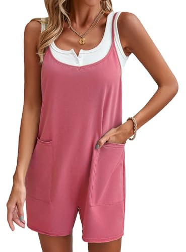 VOGMATE Jumpsuit Damen Kurz Ärmellos Sommer Romper Lässige Hosenträger Shorts Locker Overall Playsuit mit Taschen One Piece Outfits Rose S