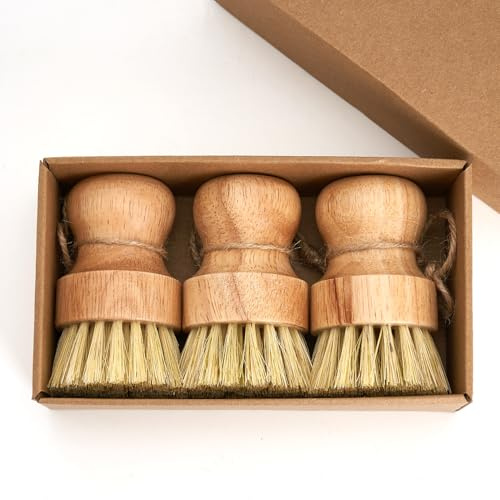 Diahom Spazzola per piatti in bambù, confezione da 3 pezzi, per la pulizia di pentole, padelle, corda da appendere, per lavare i piatti della cucina