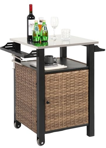 Villeston grillwagen aus Rattan, Grilltisch & Edelstahl Outdoor Servier-Bar-Tisch mit Haken und Rädern, für Poolseite, Terrasse, Wiese (Klein)