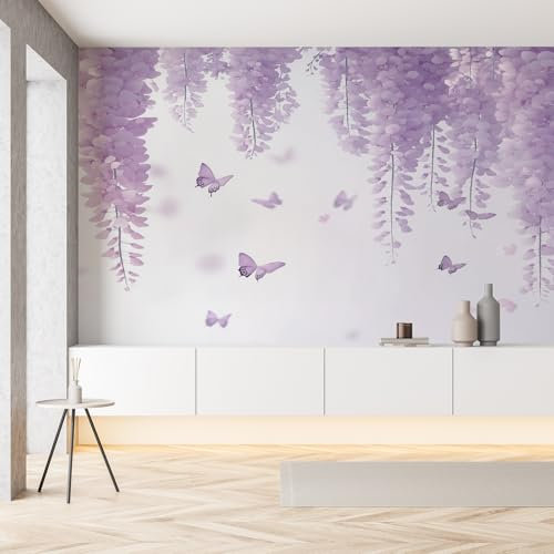 Glyzinien Blumen Fototapete 3d Effekt 250 x 175 cm Schmetterling Insekt Vliestapete Wandbild Lila Weiß Tapete Wohnzimmer Badezimmer Wasserfest