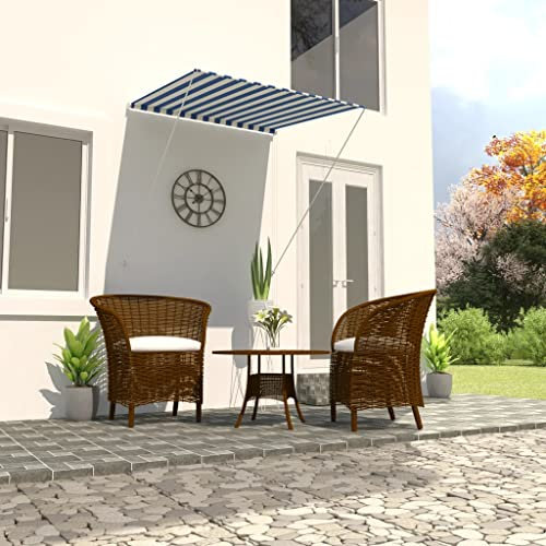Markise, Klemmmarkise Einziehbar, Sonnenschutz für Fenster Terrasse Balkon, Balkonmarkise Fallarmmarkise Fenstermarkise,Blau und weiß,100 x 150 cm