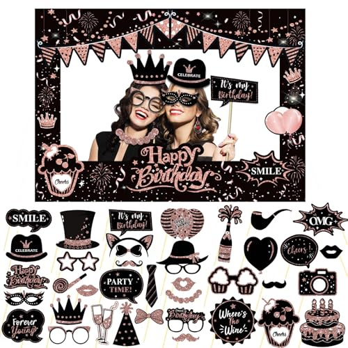 38PCS Rose Gold Glitter Birthday Photo Booth Props and Giant Paper Photo Booth Frame, Funny Selfie Props, Personalised Selfie Frame, for Birthday Party Decorations Men Women