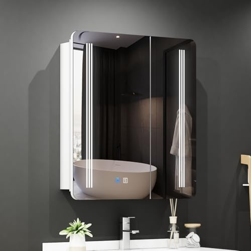 LUMIRRORS® Bathroom Mirror Cabinets with Lights 60x70cm, 2-Doors Wall Mounted LED Bathroom Medicine Cabinet with 3 Colour Lighting, Shaver Socket, Anti Fog, Dimmer, Touch Switch, Glass Shelves, White
