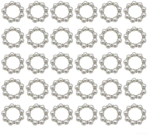 FABULETTA Pearl Wedding Napkin Rings, 30pcs, Silver Rhinestone Napkin Ring Holder