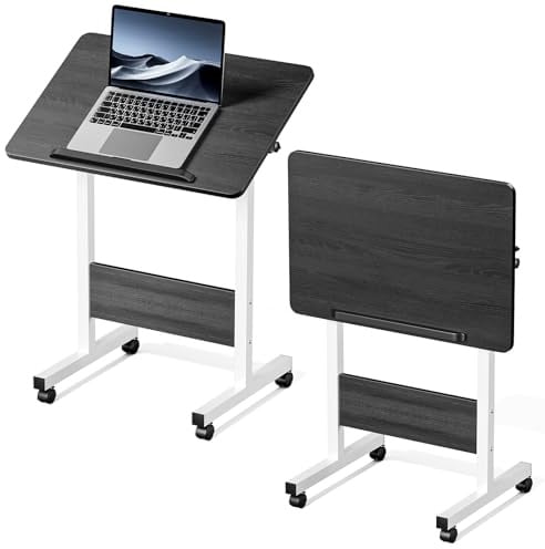 Warmiehomy Height Adjustable Table with Wheels, 60x40x65-87cm, Black | Rolling Laptop Table with 90° Tilting Desktop. Mobile Overbed Table for Bed and Sofa. Foldable Desk for Home Office.