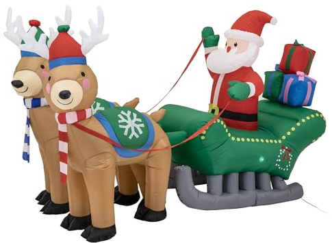 JUMI Riesiger aufblasbarer Weihnachtsmann-Schlitten, 200 cm, beleuchtet mit LED, mit 2 Rentieren und Pinguin, Außendekoration, selbstaufblasend, für Garten, IP44, mit Befestigungsset