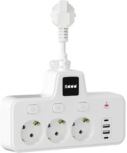 Multiprise 3 Prises avec 4 Ports USB C/A, Chargeur Secteur 7 en 1 avec Lampe Tactile de Nuit 3 Niveaux, Interrupteurs Individuels, Prise Murale Câble Court pour Maison Bureau Blanc