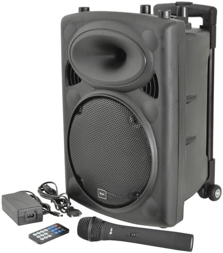 QTX | QR10PA Portable PA Speaker System with Bluetooth, TWS Stereo, UHF Wireless Microphone, USB/SD/FM Media Player, Rechargeable Battery, Trolley, Compact Wireless Amplifier