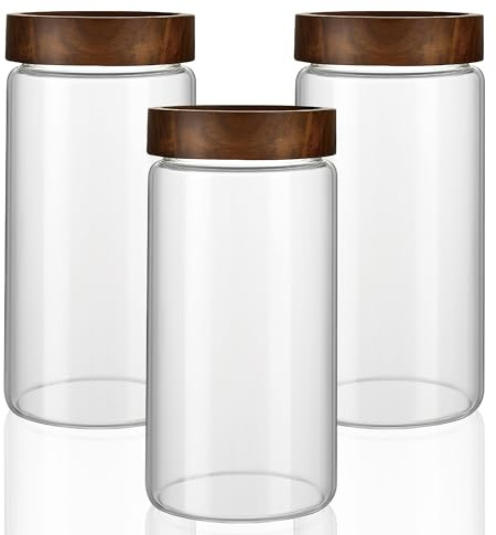 INCETUE Glass Storage Jars with Wooden Lids, 1200ml Large Clear Airtight Storage Canisters (Set of 3) with Screw Top, Kitchen Pantry Containers for Flour, Sugar, Pasta, Pickling, Bulk Food