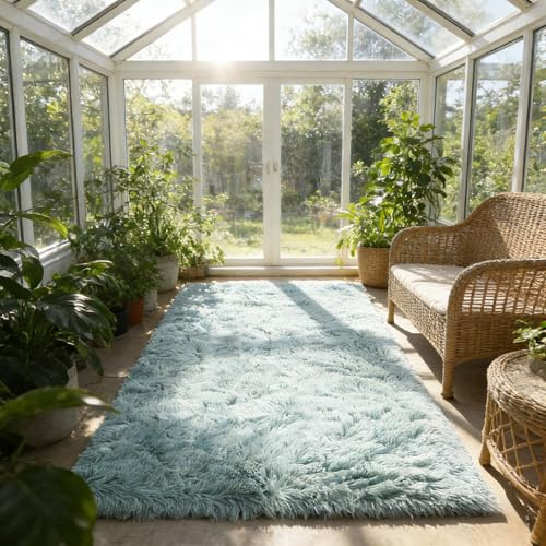 CUIMEI Teppich Schlafzimmer Läufer 70 x 100 cm, Anti-Rutsch Unterseite, Waschbar Bis 30 Grad, Super Soft, Felloptik, Einfache Reinigung, Groß für Kinderzimmer Teppich, hellblau