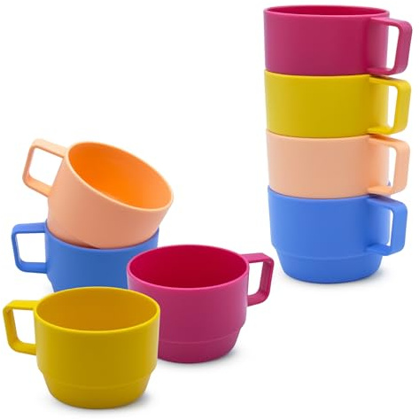 Mehrweg Kunststoff Kaffeetasse 8er Set bunt - 300 ml - Camping Becher mit Henkel bruchsicher wiederverwendbar - Kaffeebecher Trinkbecher Plastik Tasse lebensmittelecht spülmaschinenfest