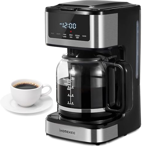 Ihomekee 12-Cup Programmable Filter Coffee Machine with LED Touchscreen | 12-cup programmable coffee machine with LED touchscreen, iced coffee, strong brew, reusable filter and 40-minute keep-warm.