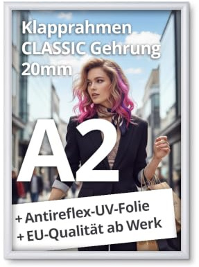 net-xpress® A2 Klapprahmen DIN A2 Plakatrahmen 20 mm silber | mit Antireflex-UV-Folie | Posterrrahmen aus Alu mit Gehrungsecken | inkl. Schrauben & Dübel | Wechselrahmen A2 Hoch- & Querformat