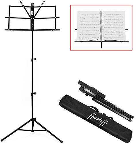 ffalstaff Leggio Musicale Robusto - Resistente - Stabile e Versatile con Altezza Regolabile - Porta Spartiti Con Molle Blocca Fogli - Richiudibile e Portatile con Borsa Impermeabile e Tracolla (Nero)