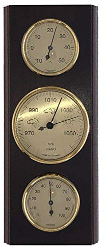 SELVA Wetterinstrument, Wetterstation – mechanisch, analog – Nussbaum – für außen – mit Thermometer, Barometer und Hygrometer (Maße: 270 x 110 mm)