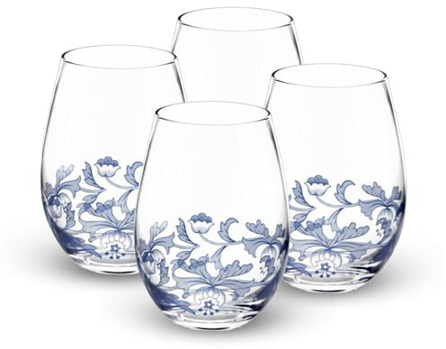 Portmeirion Spode Blue Italian Stemless Wine Glasses | Set of 4 | 19-Ounce Capacity | Red or White Wine Glass | Tumblers for Water, Cocktails, and Other Beverages