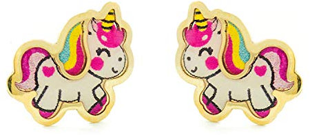 Damen & Kinder Emaille Einhorn Ohrstecker - Gelbgold 9 Karat (375) - Geschenkbox - Garantiezertifikat