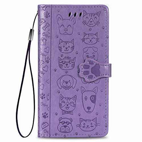 Fertuo Case for iPhone SE 2022/2020, Premium Leather Wallet Case with Cute Cat Dog Embossed Pattern [Card Slots] [Kickstand] [Inner TPU] Flip Cover for Apple iPhone SE 2020/8 / 7, Purple