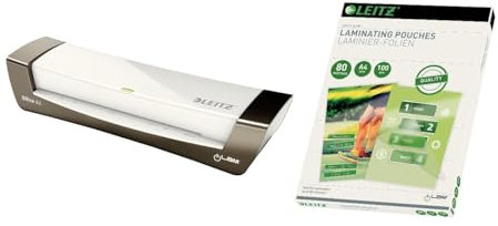 Leitz A4 Laminiergerät, Für 80 bis 125 mic Laminierfolien, inkl. Laminierhüllen Starterkit, schnelles Laminieren, ideal für den Einsatz in Büro & Schule, Weiß/Silber, iLAM, 72510084