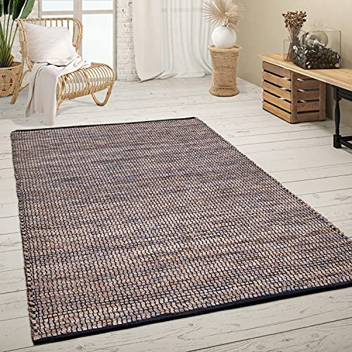 Paco Home Teppich Wohnzimmer Kurzflor Jute Handgewebt Meliertes Ethno Muster Naturfaser, Grösse:120x170 cm, Farbe:Blau