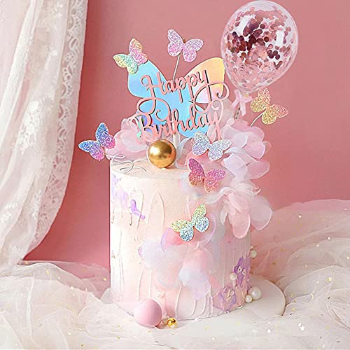 Morofme 12pcs Gradient Sequins Butterfly Cake Toppers, Rose Gold Confetti Balloon Cake Supplies, Glitter Butterfly Cupcake Toppers Picks, Butterfly Cake Decorations for Birthday Wedding Fairy Party